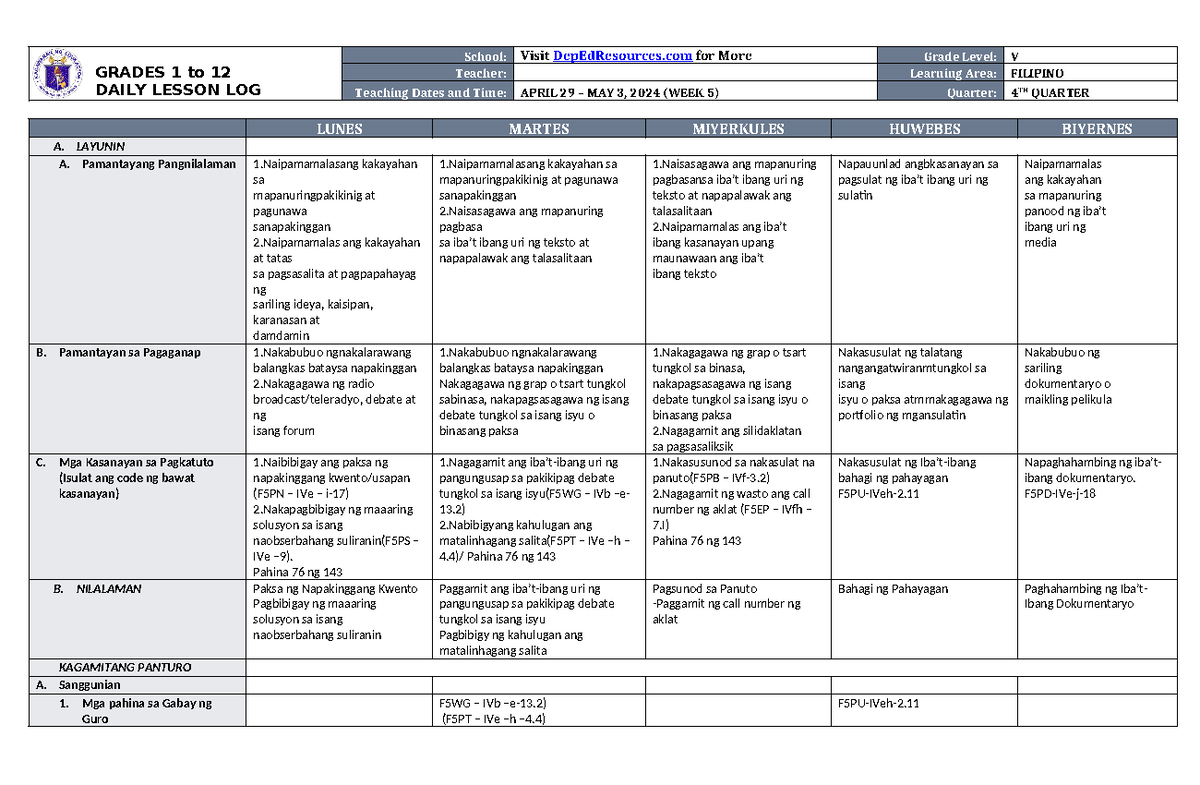DLL Filipino 5 Q4 W5 - Daily Lesson Log and Learning Activities - Studocu