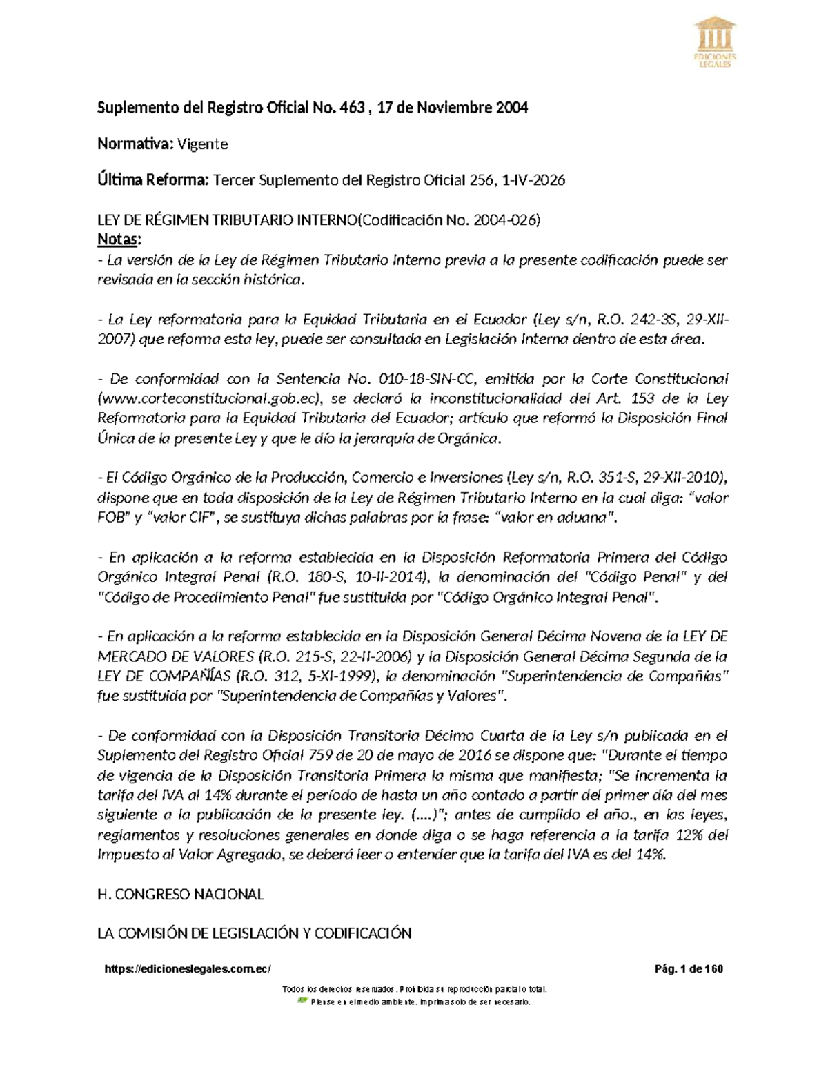 Ley de Régimen Tributario Interno (LRTI) Vigente a 21 Abril 2026 - Document Preview