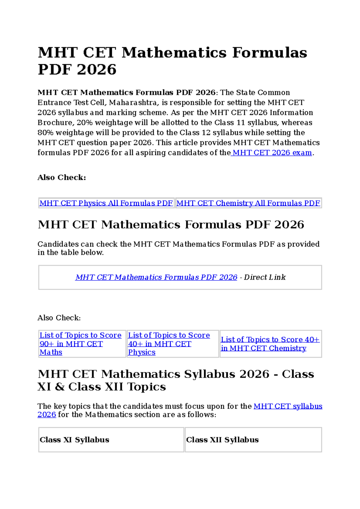 MHT CET 2026 Mathematics Formulas: Essential Study Guide - Studocu