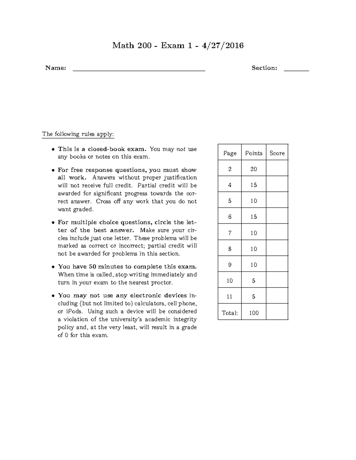 Math 200 Exam 1 Guidelines and Questions - Spring 2014 - Studocu