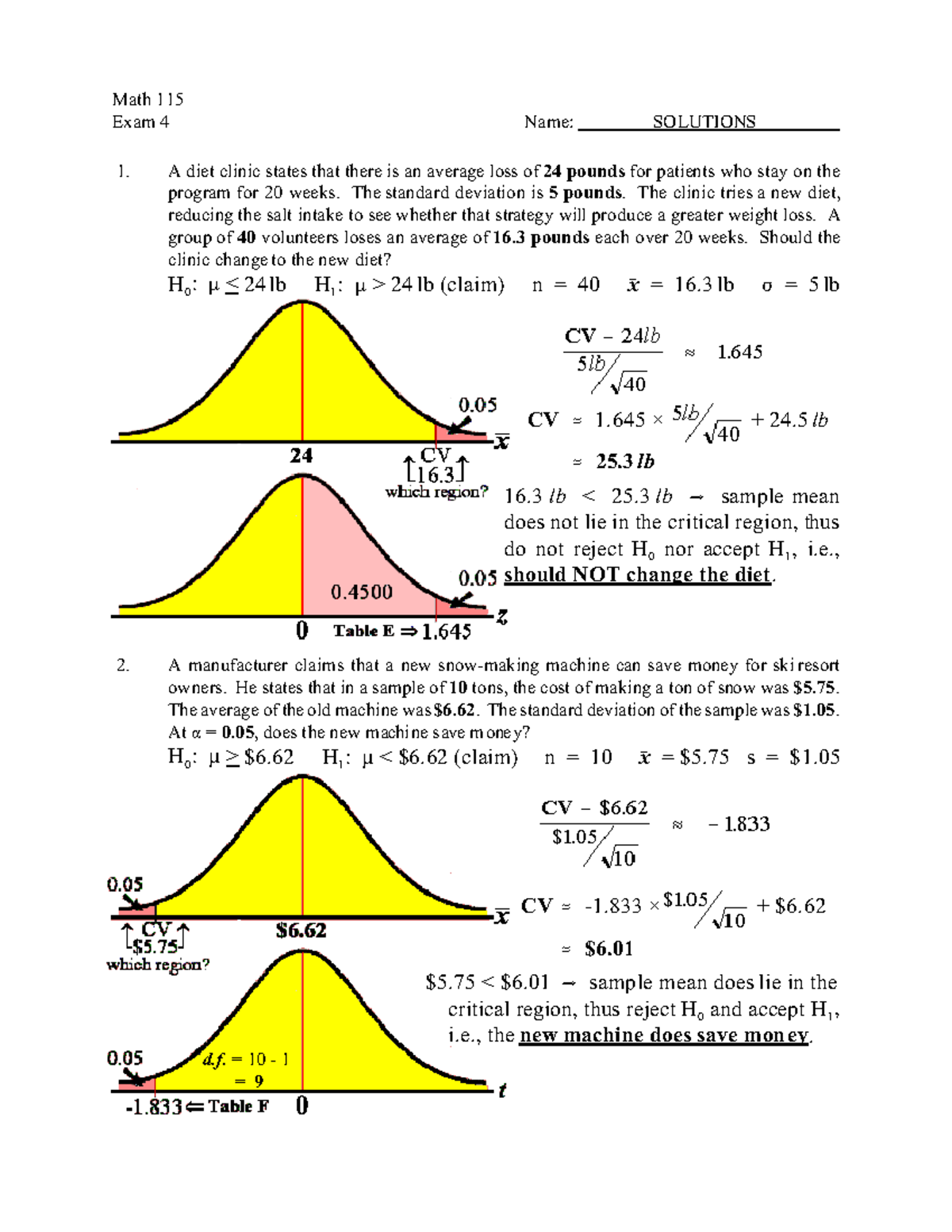 Exam4Sol - For statistics - Math 115 Exam 4 Name: SOLUTIONS A diet ...