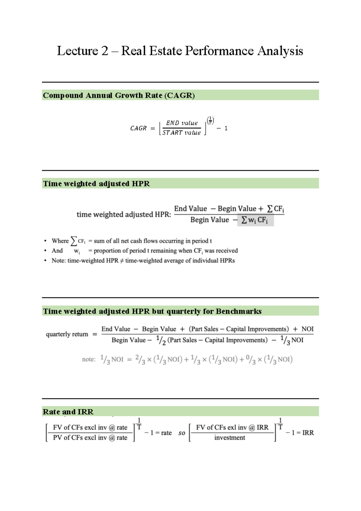 Formuleblad - Formules voor Real Estate Performance Analyse Tentamen ...