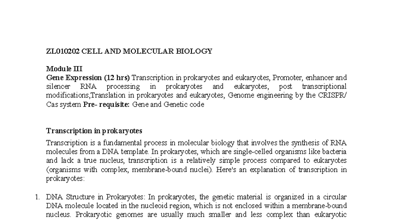 ZL010202 CELL AND MOLECULAR BIOLOGY: Gene Expression Overview - Studocu