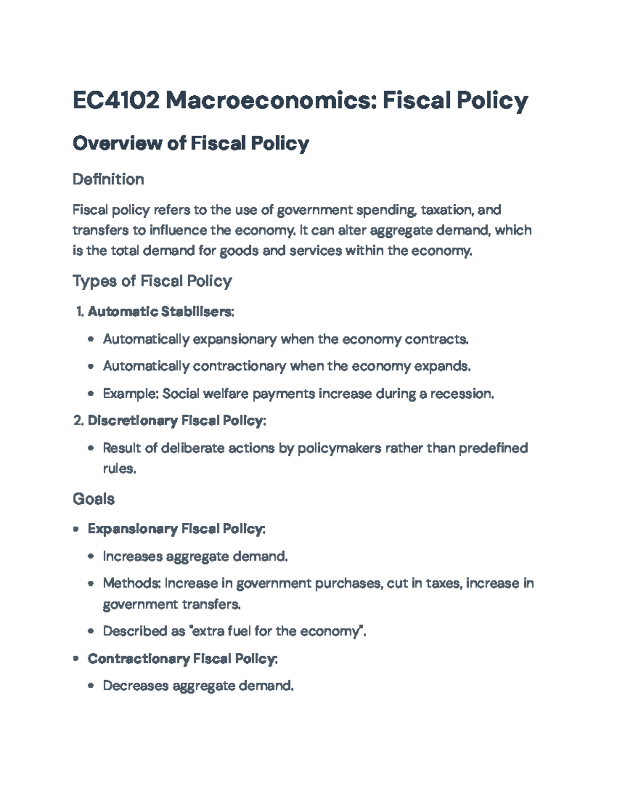 EC4102 Final Examination: Overview of Fiscal Policy and Government Debt ...
