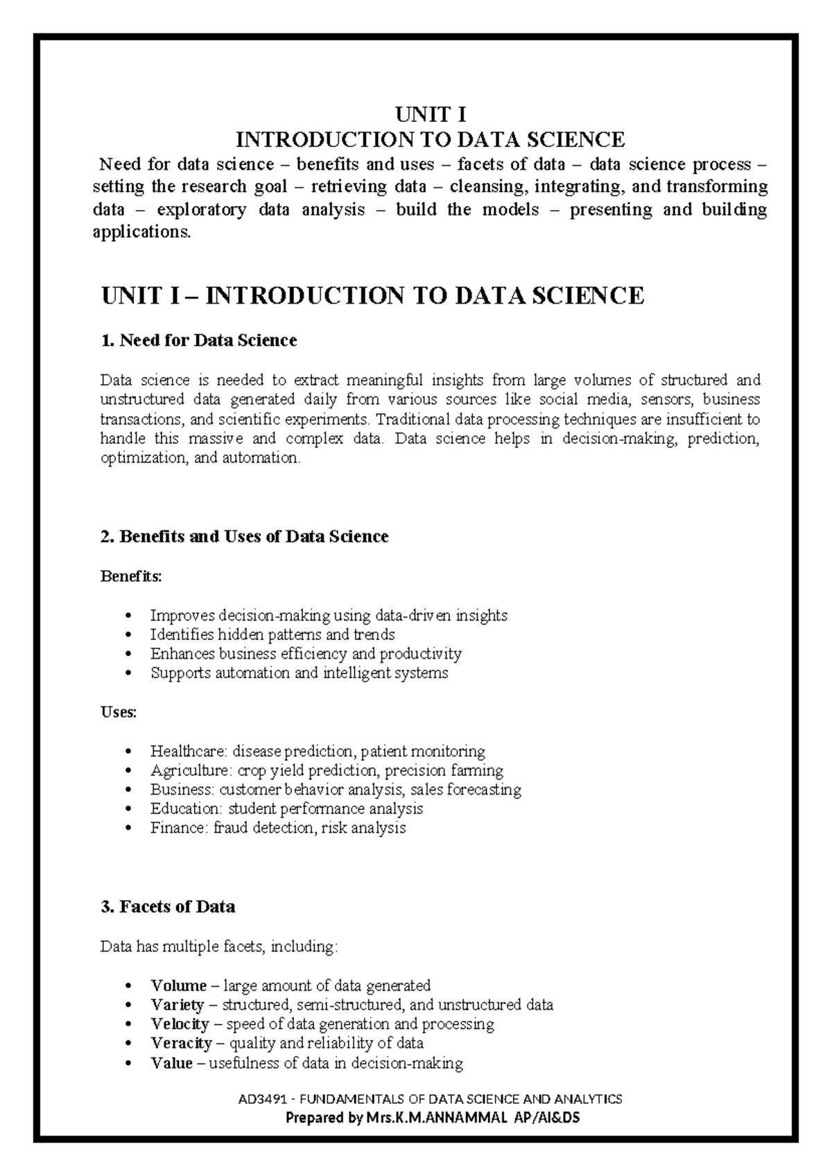 AD3491 Unit I: Introduction to Data Science - Key Concepts and ...