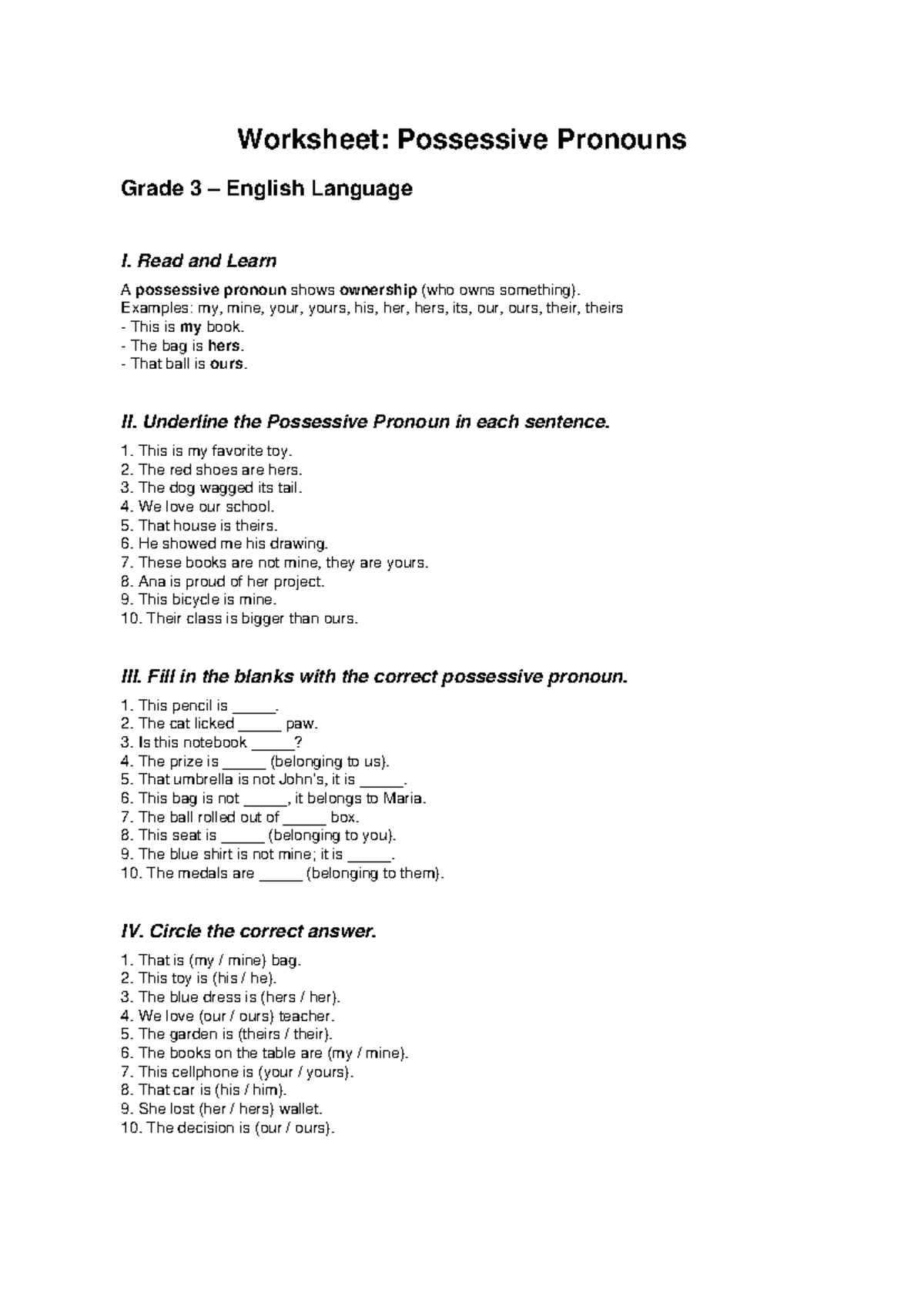 Possessive Pronouns Worksheet: Grade 3 English Language I - Studocu
