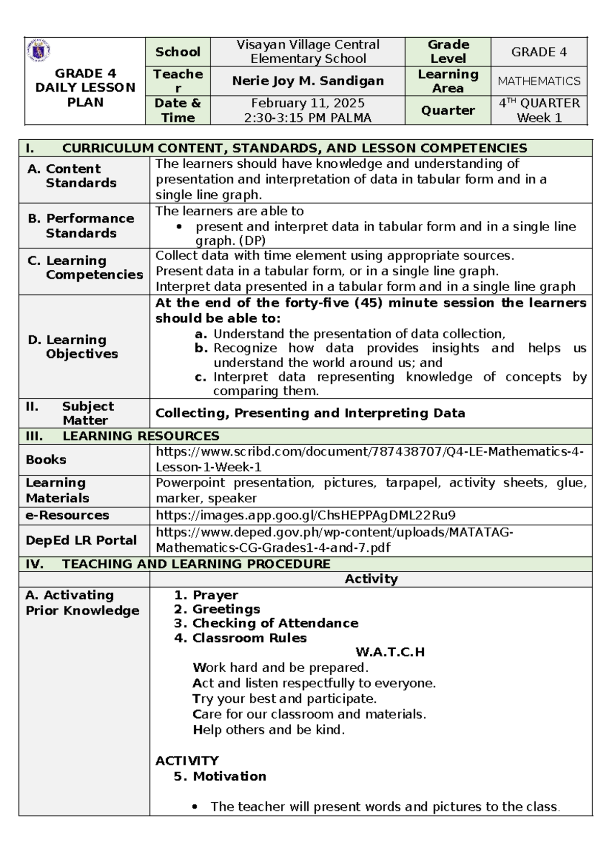 GRADE 4 MATH DAILY LESSON PLAN: DATA PRESENTATION & INTERPRETATION ...
