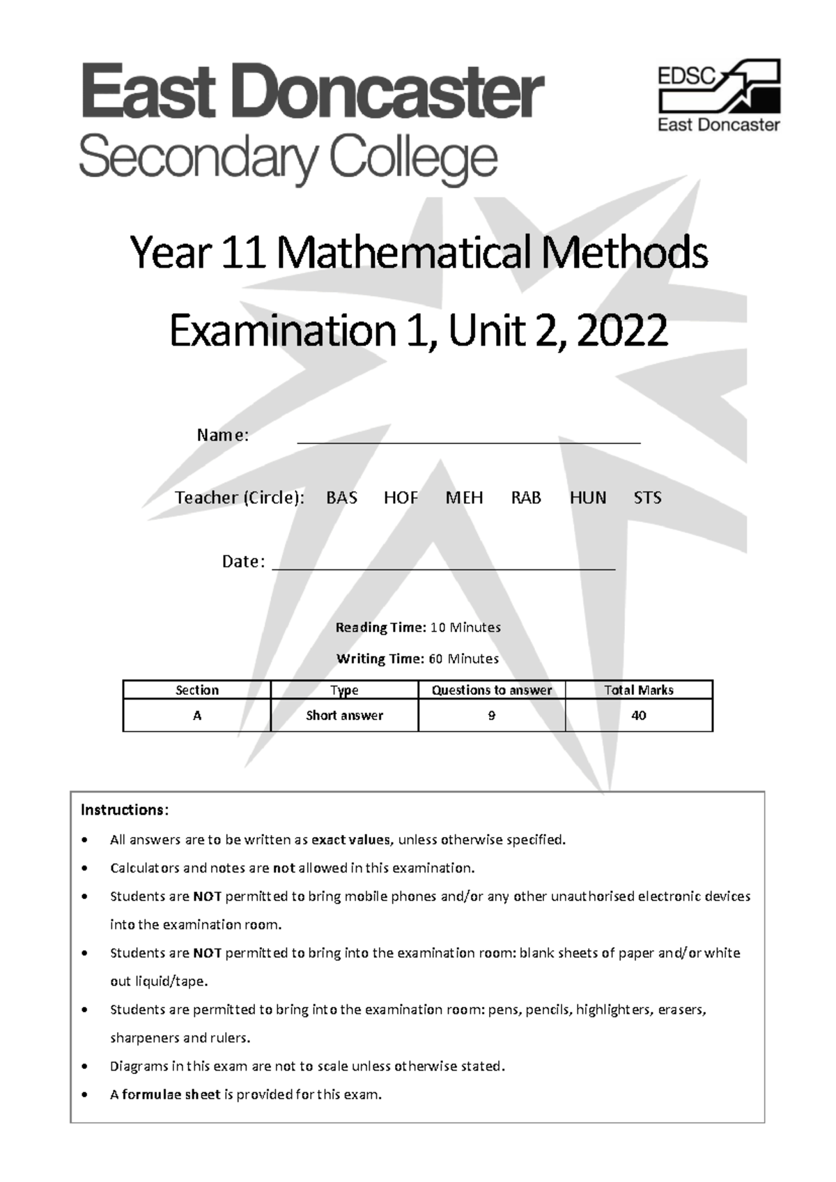 11MM Unit 2 Examination Paper 1 2022 Final - Instructions: All answers ...