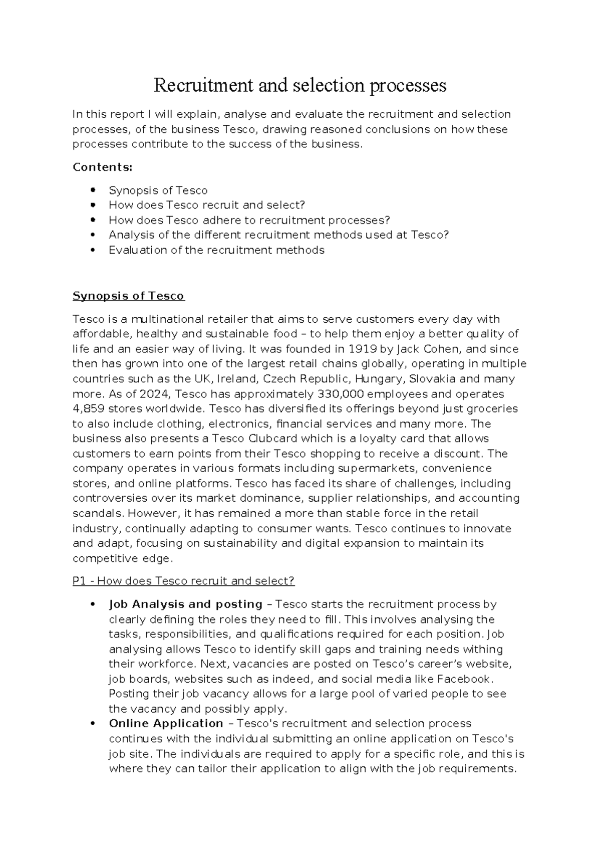 HR Processes: Recruitment & Selection Analysis for Tesco (BUS101) - Studocu