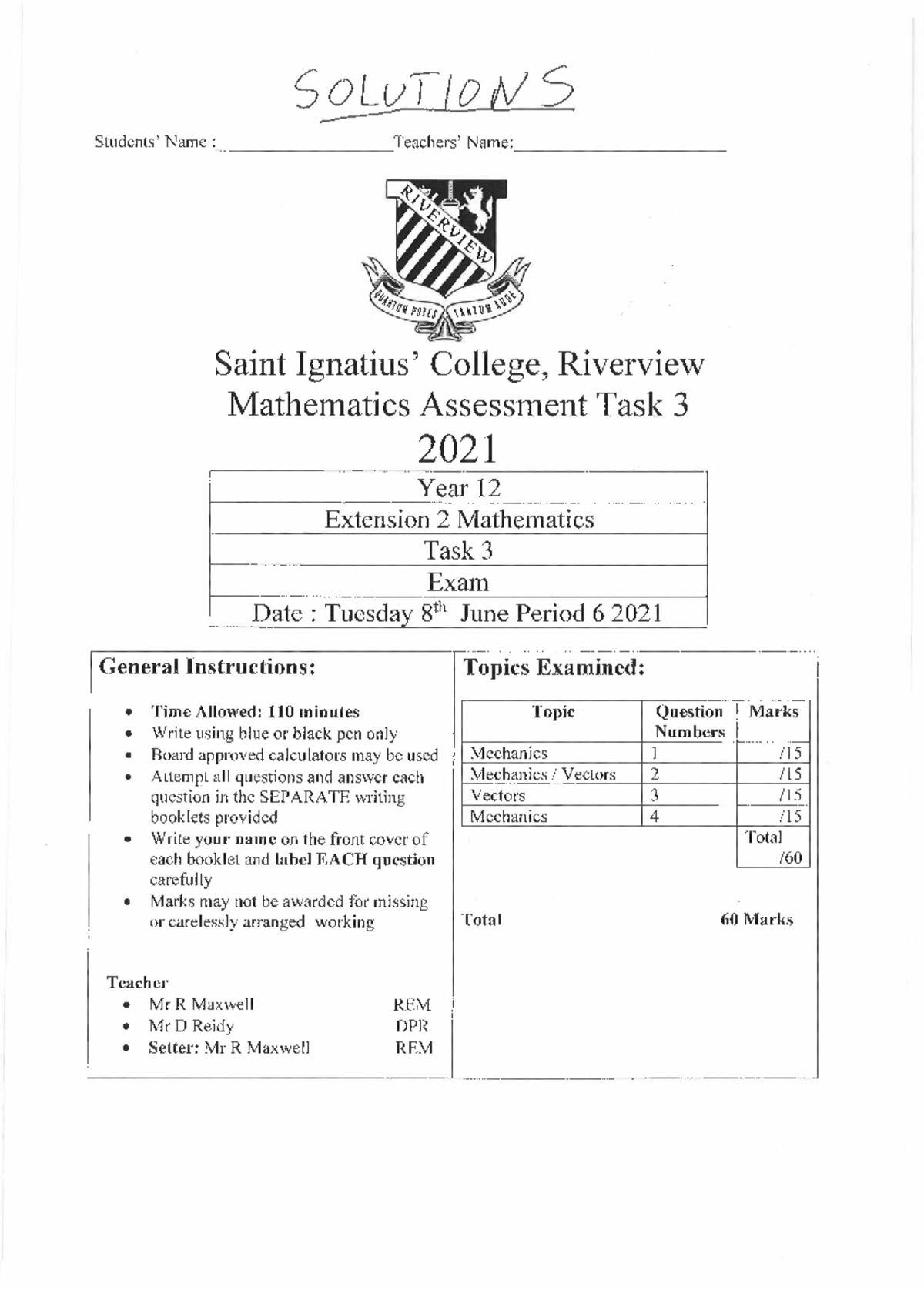 Year 12 Ext 2 Mathematics (2021) Task 3 Exam Solutions & Comments - Studocu