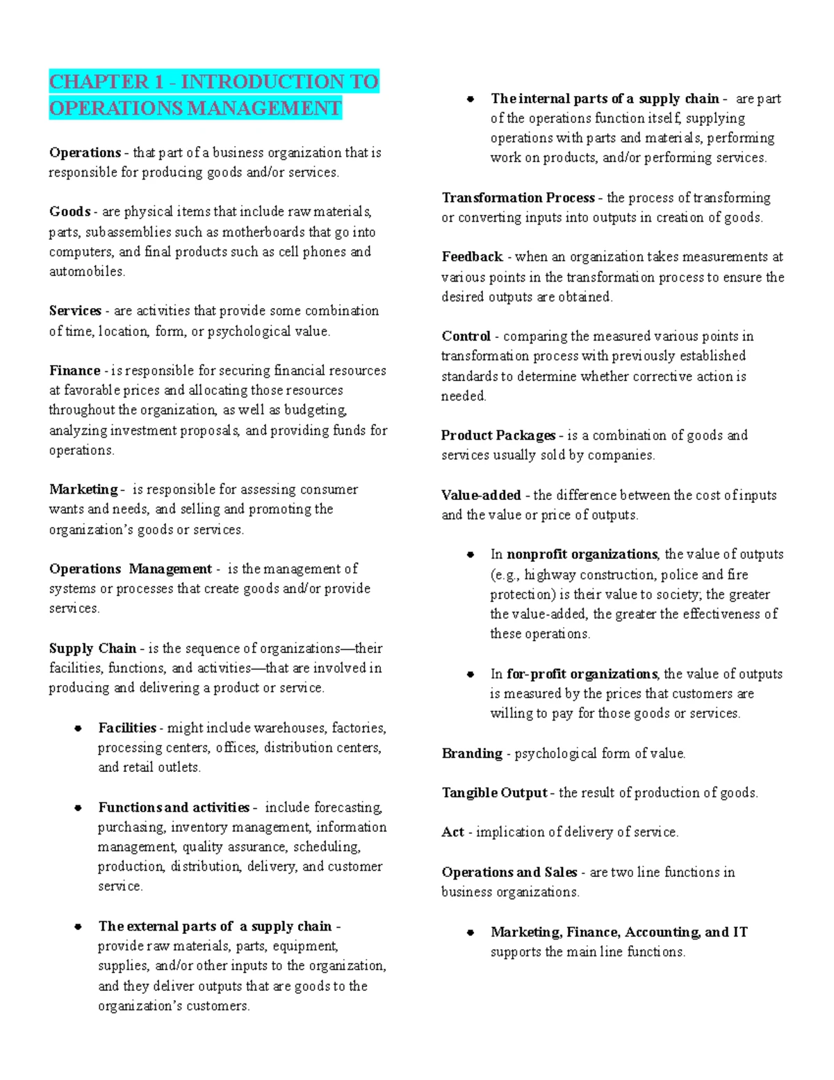 Chapter 1: Operations Management Overview and Key Concepts - Studocu