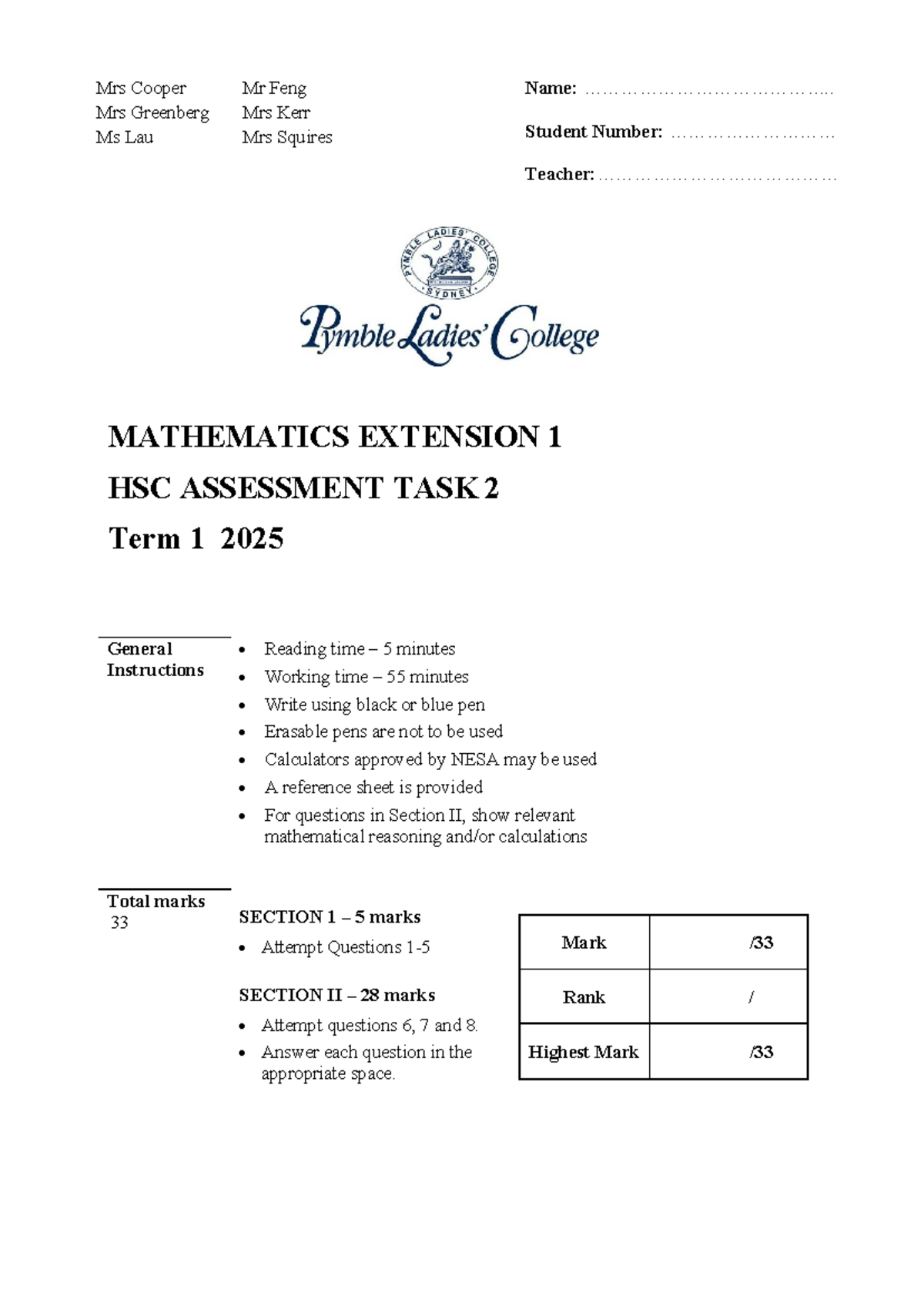 MATHEMATICS EXTENSION 1 HSC ASSESSMENT TASK 2 Term 1 2025 - Studocu