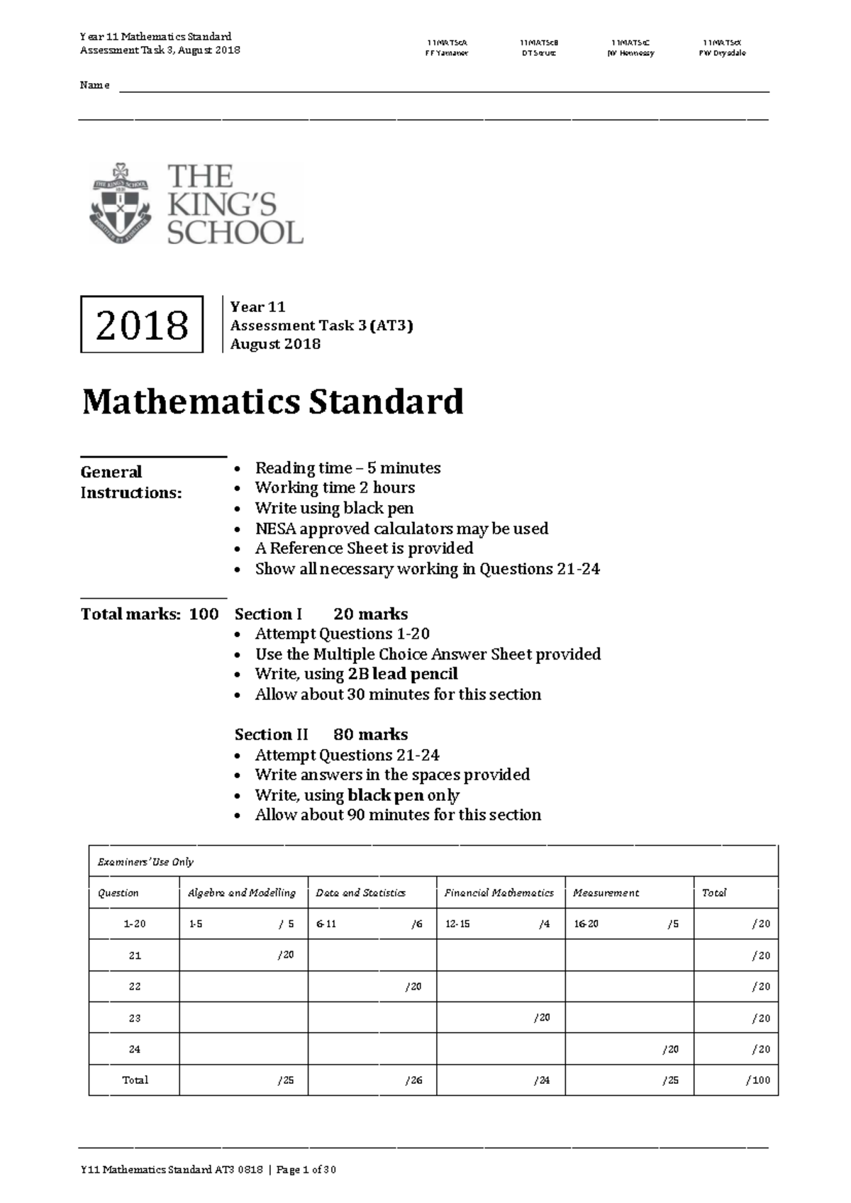 Year 11 Mathematics Standard AT3 - Assessment Task 3, August 2018 - Studocu