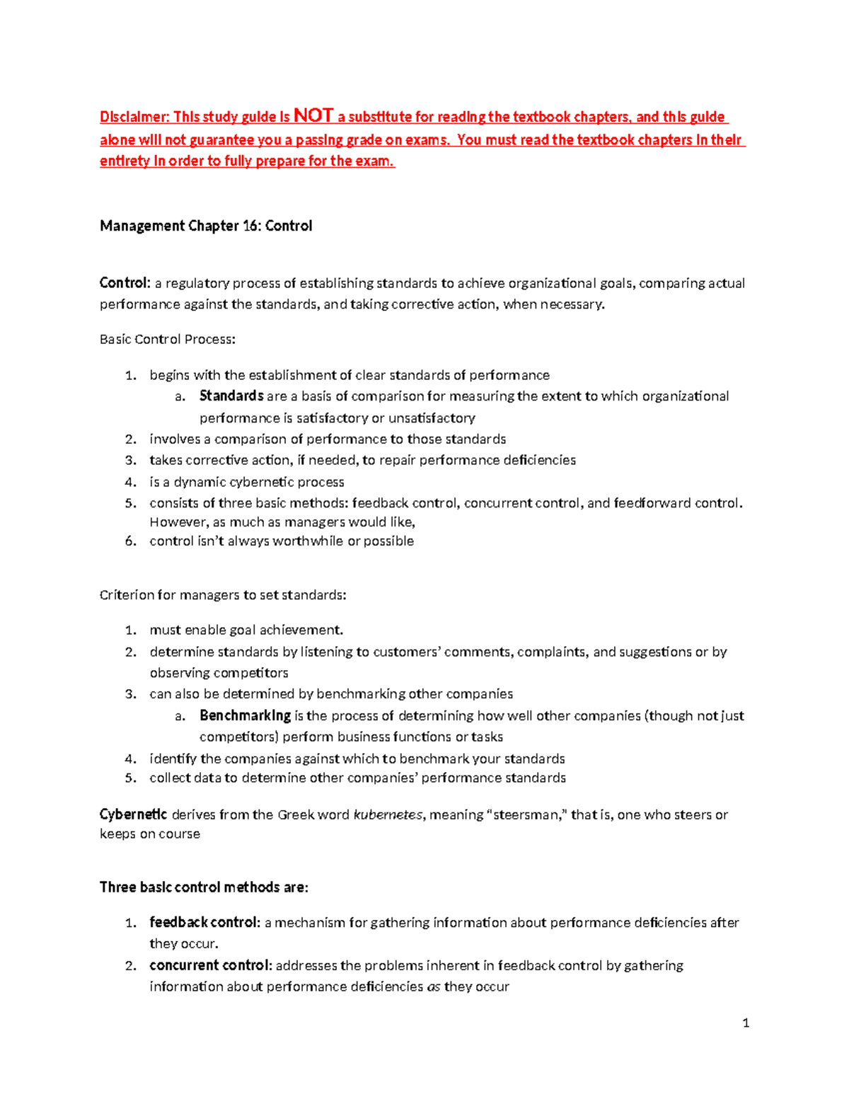 Management Chapter 16 Study Guide: Control Principles and Methods - Studocu