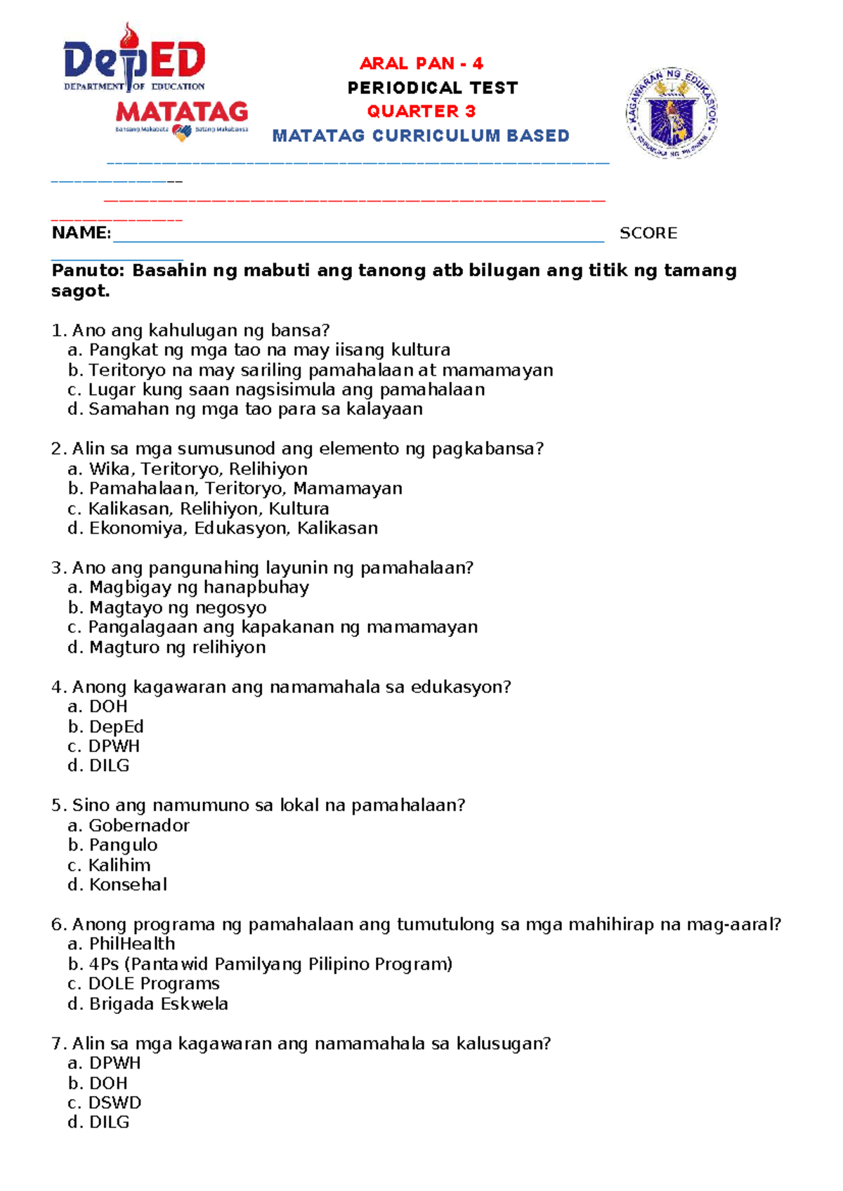 ARAL PAN 4 Q3 PERIODICAL TEST MATATAG CURRICULUM - Studocu