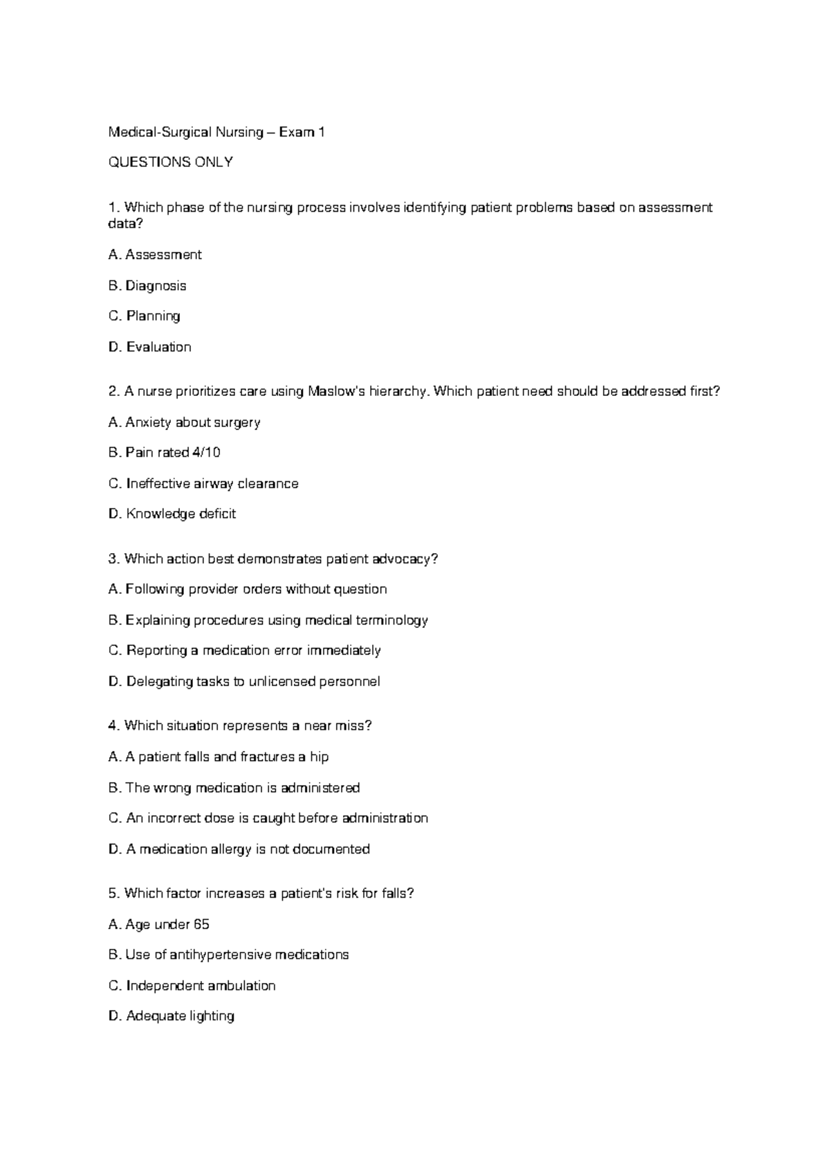 Med Surg Nsg Exam 1: Key Questions & Answers - Studocu