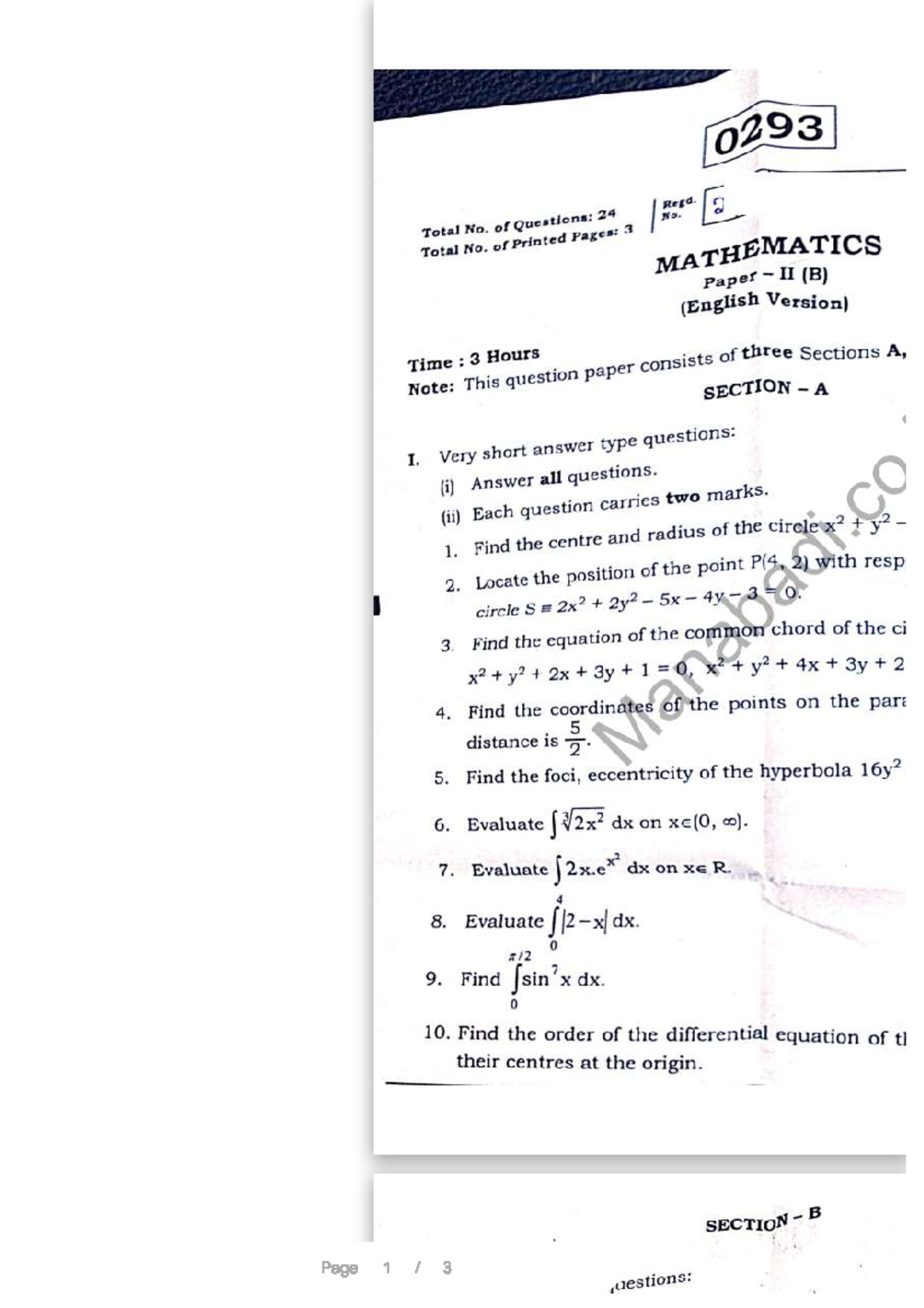 TG Inter II yr Maths Paper 2B EM March 2025.pdf - 1 - 0293 Regd. Total ...