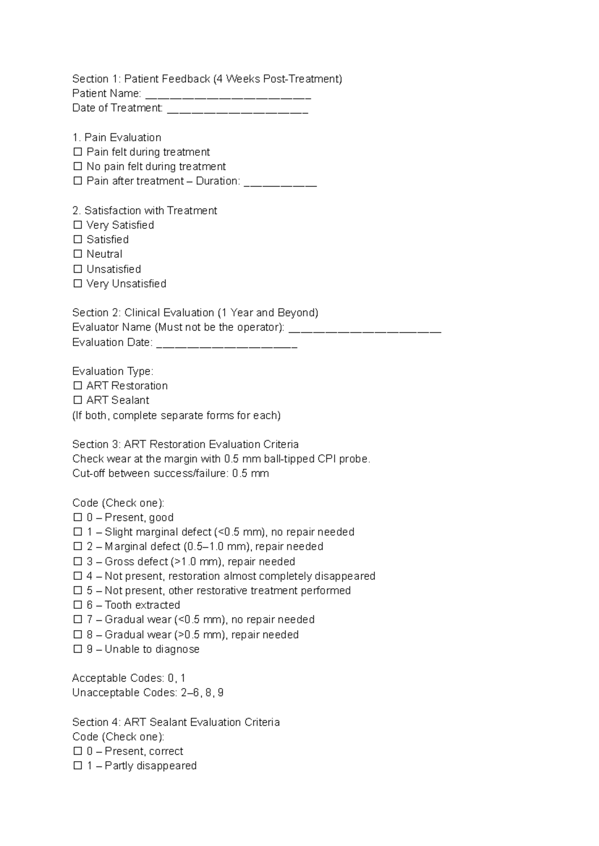 ART Evaluation Form: Patient Feedback & Clinical Assessment (4 Weeks ...