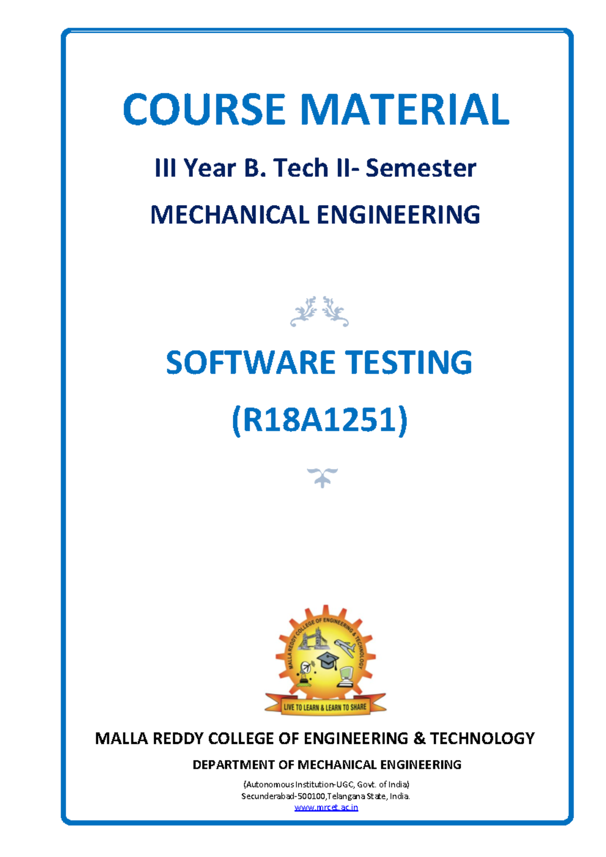 Course Material for MECHANICAL ENGINEERING (R18A1251) Software Testing - Document Preview