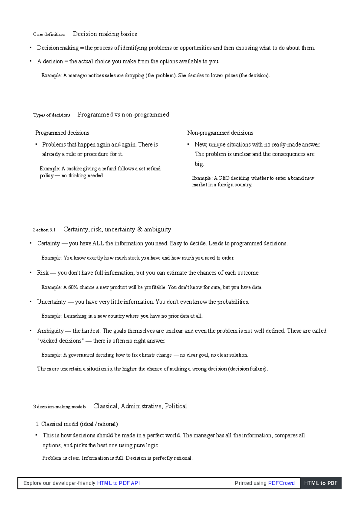 Chapter 9: Managerial Decision Making Basics and Processes - Studocu