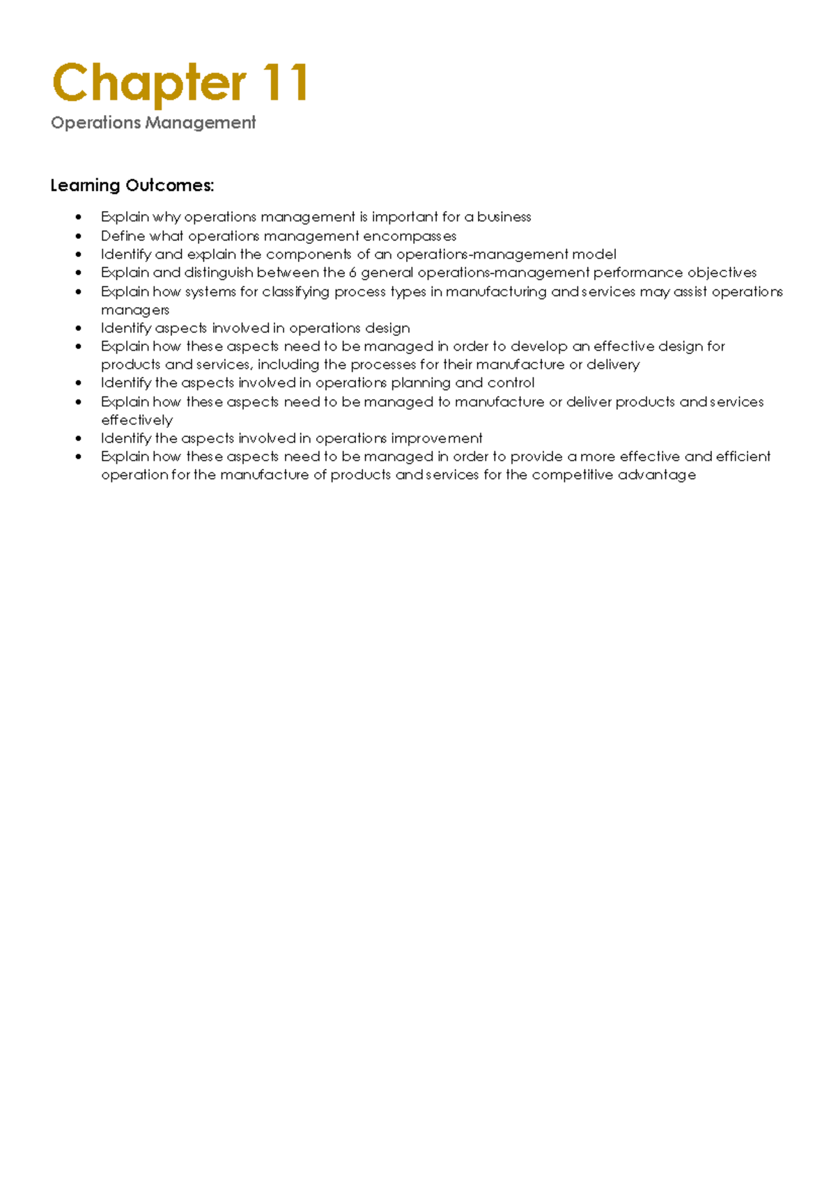 Chapter 11: Operations Management - Key Learning Outcomes and Concepts ...
