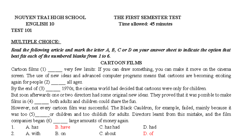 ENGLISH 10 TEST 101: FIRST SEMESTER MULTIPLE CHOICE EXAM - Studocu