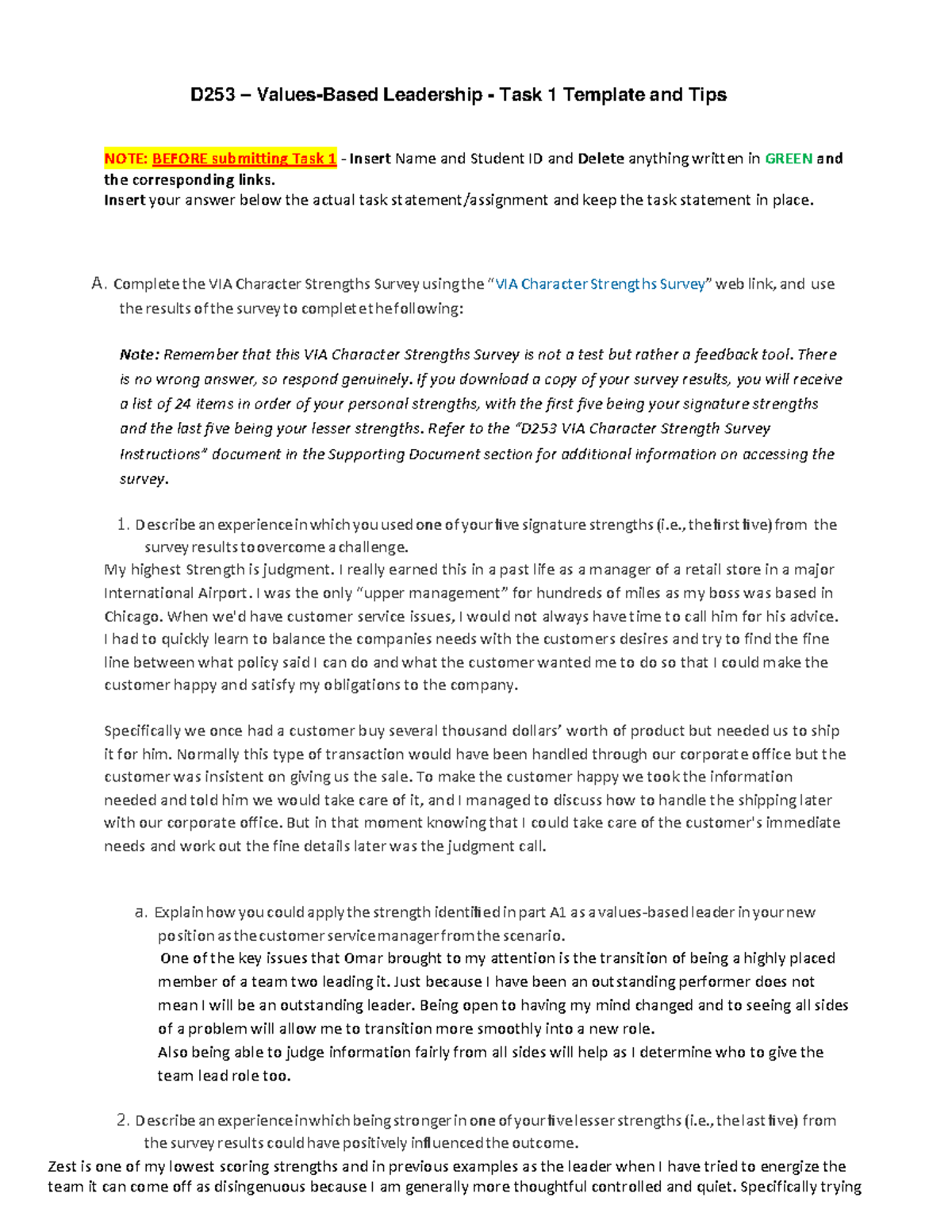 D253 Task 1 - Values-Based Leadership Survey Insights and Strategies ...