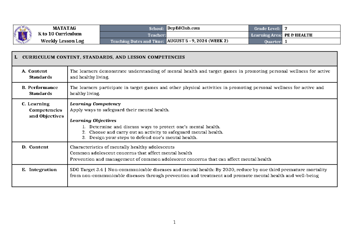 DLL Matatag PE & Health 7 Q1 W2 Weekly Lesson Log on Mental Health ...