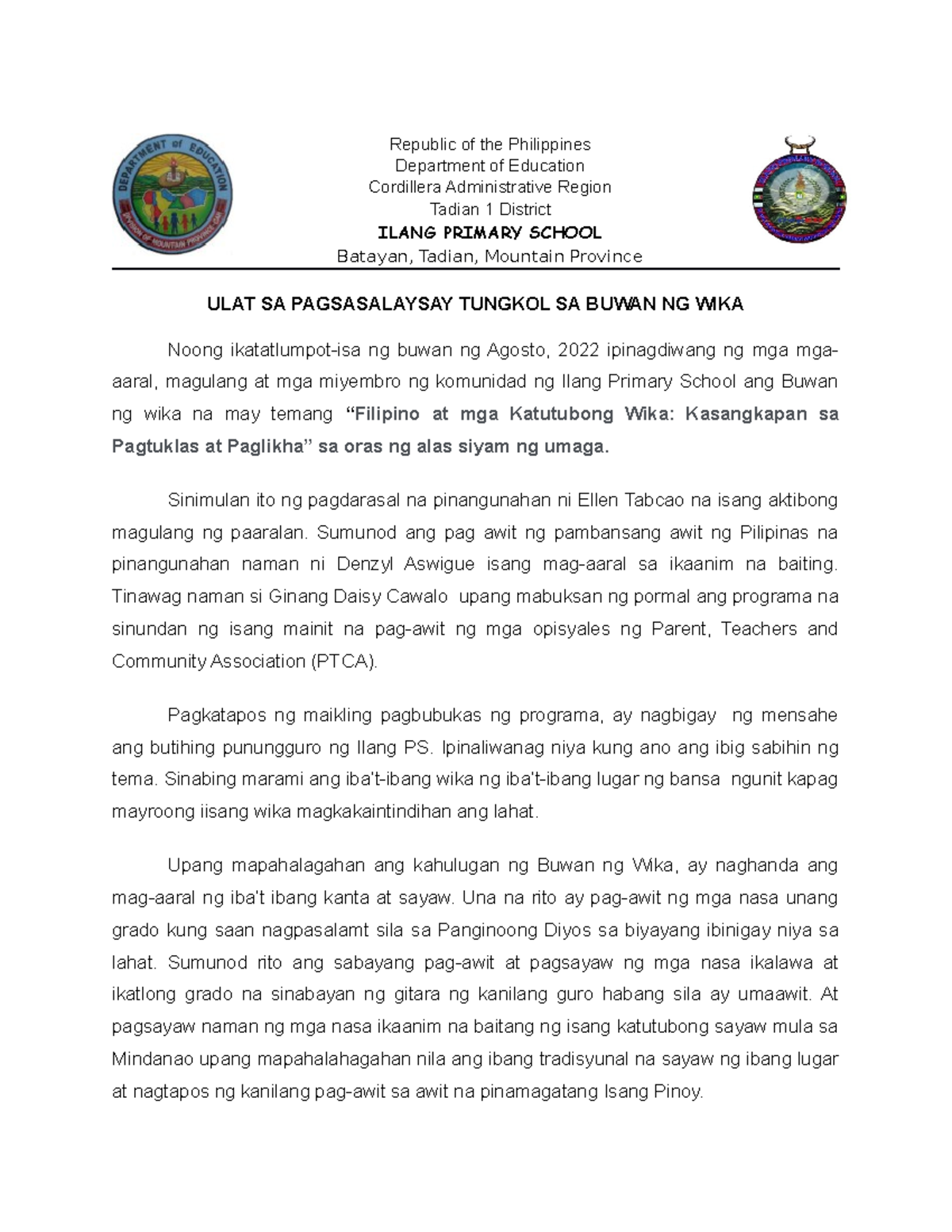 Buan ng wika narrative report - Republic of the Philippines Department ...