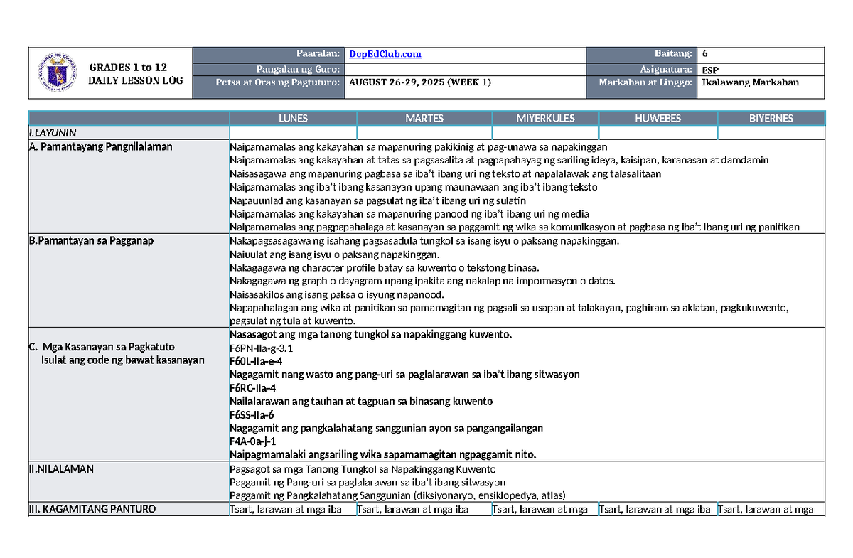 DLL ESP 6 Q2 W1 - Daily Lesson Log for August 2025 - Studocu