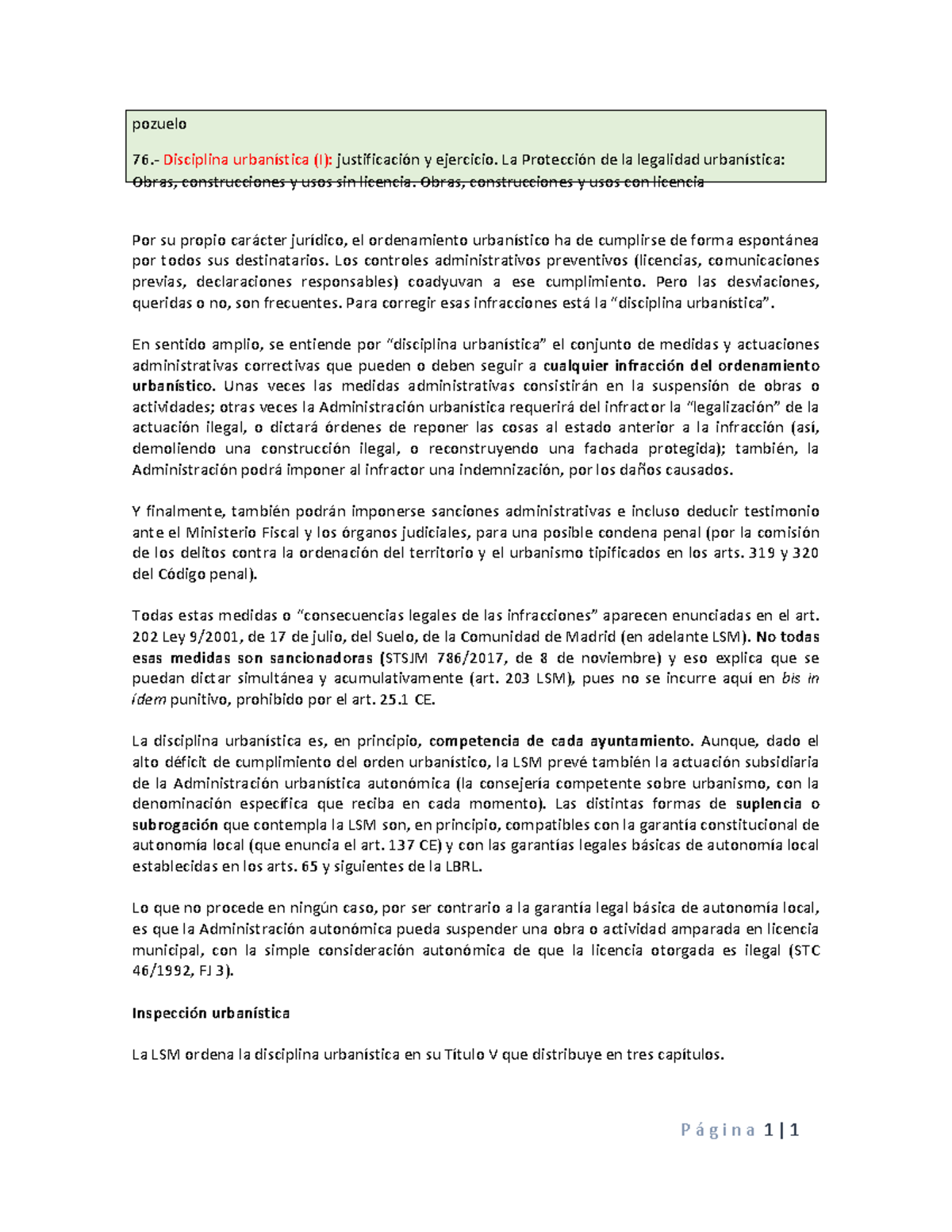 Disciplina Urbanística (I): Justificación y Ejercicio de la Legalidad - Document Preview