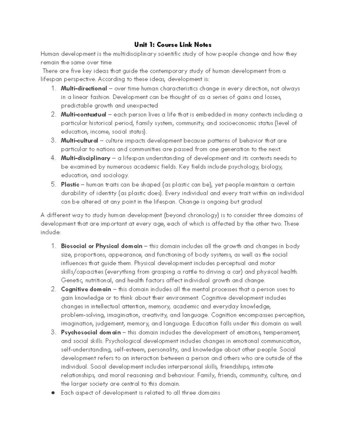 Human Development - Courselink Unit Notes Overview - Studocu