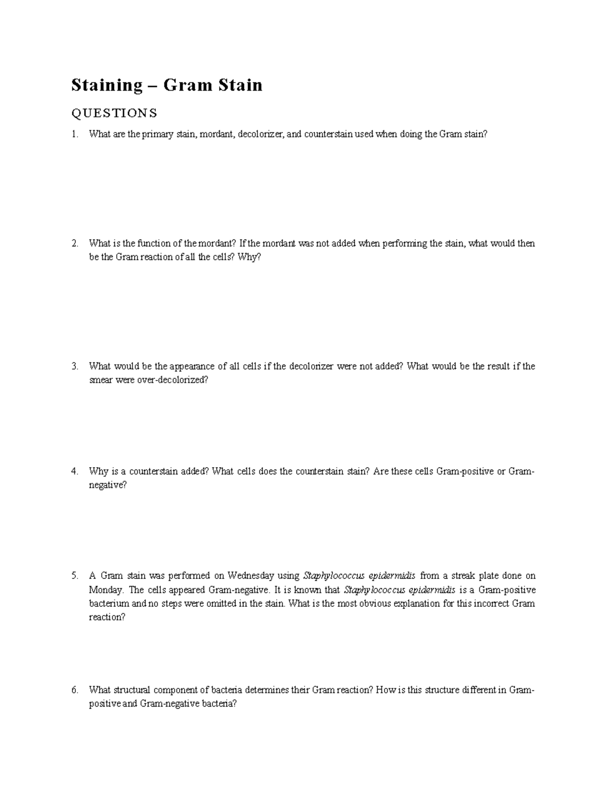 Gram Stain Worksheet: Key Questions and Explanations - Studocu
