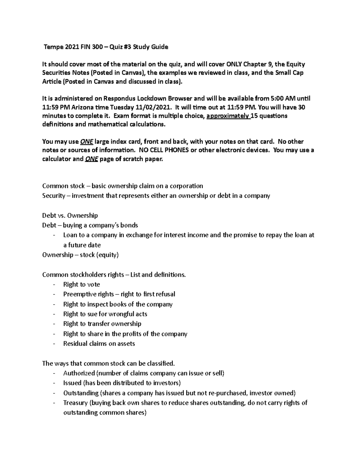 FIN 300 Quiz N3 Study Guide - Key Concepts from Chapter 9 & Equity ...