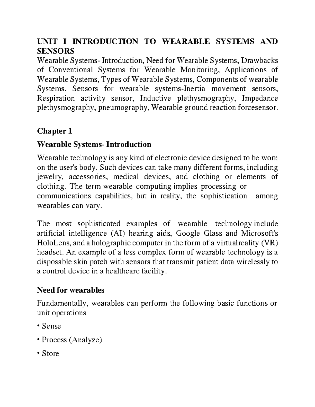 UNIT I - Introduction to Wearable Systems and Sensors Notes - Studocu