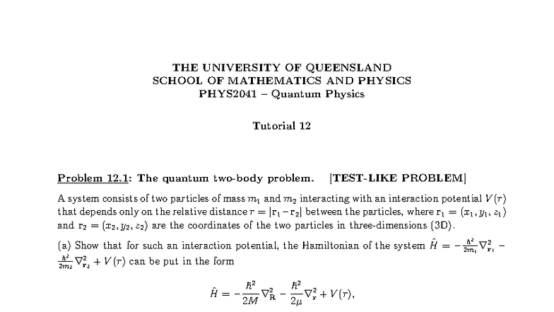 PHYS2041 Quantum Physics Tutorial 12: Two-Particle System Analysis ...