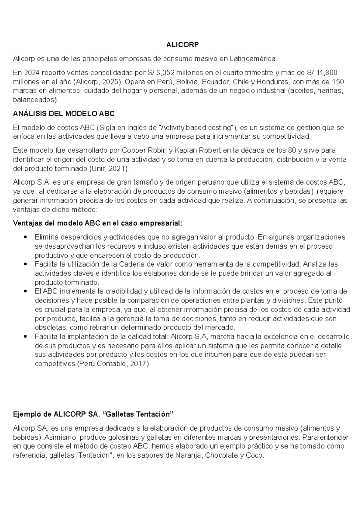 Análisis del Modelo ABC en Alicorp S.A. - Tarea Académica 2 - Studocu
