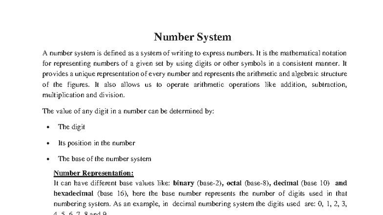 Number System Overview - Course Code: NUM101 - Studocu