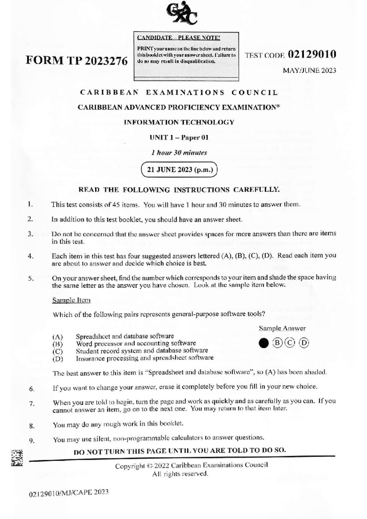 CAPE IT U1 P1 2023 - Candidate Instructions and Test Items - Studocu