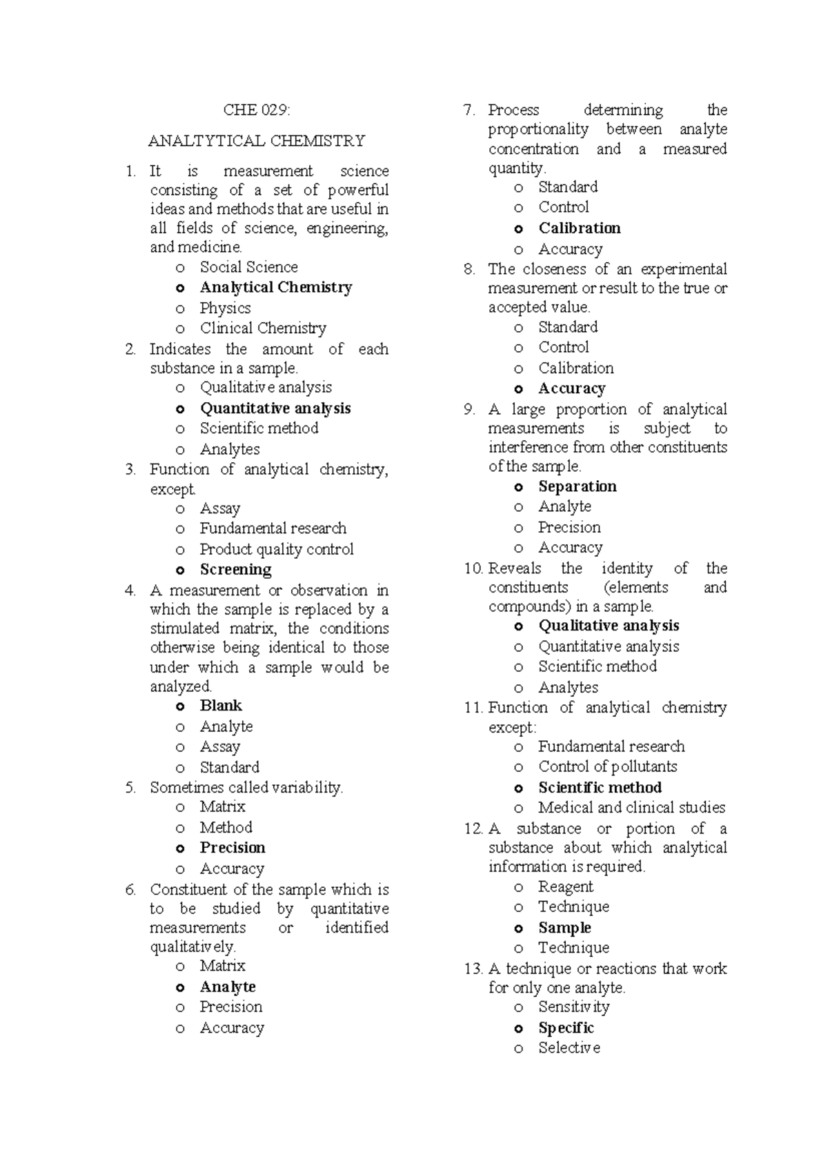 CHE 029: Analytical Chemistry 1 Study Guide and Key Concepts - Studocu