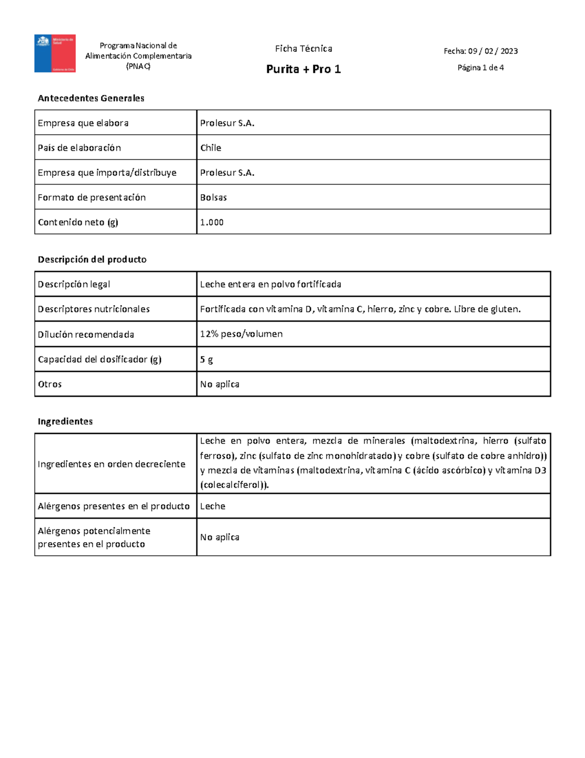Ficha Técnica: Purita + Pro 1 (20230214-FT) - Alimentación Complementaria - Document Preview