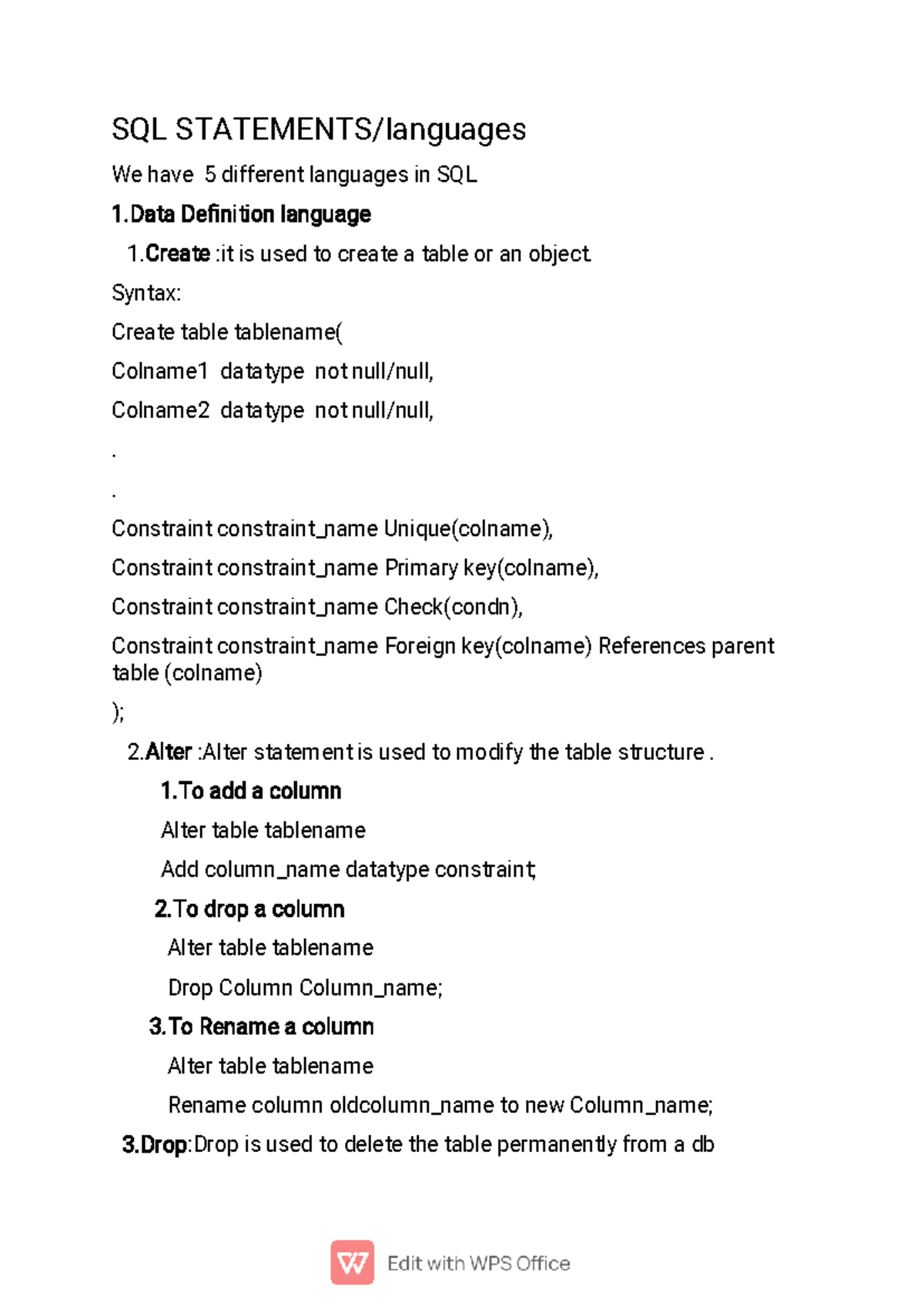 SQL Statements - Test Review for Database Course (CS101) - Studocu
