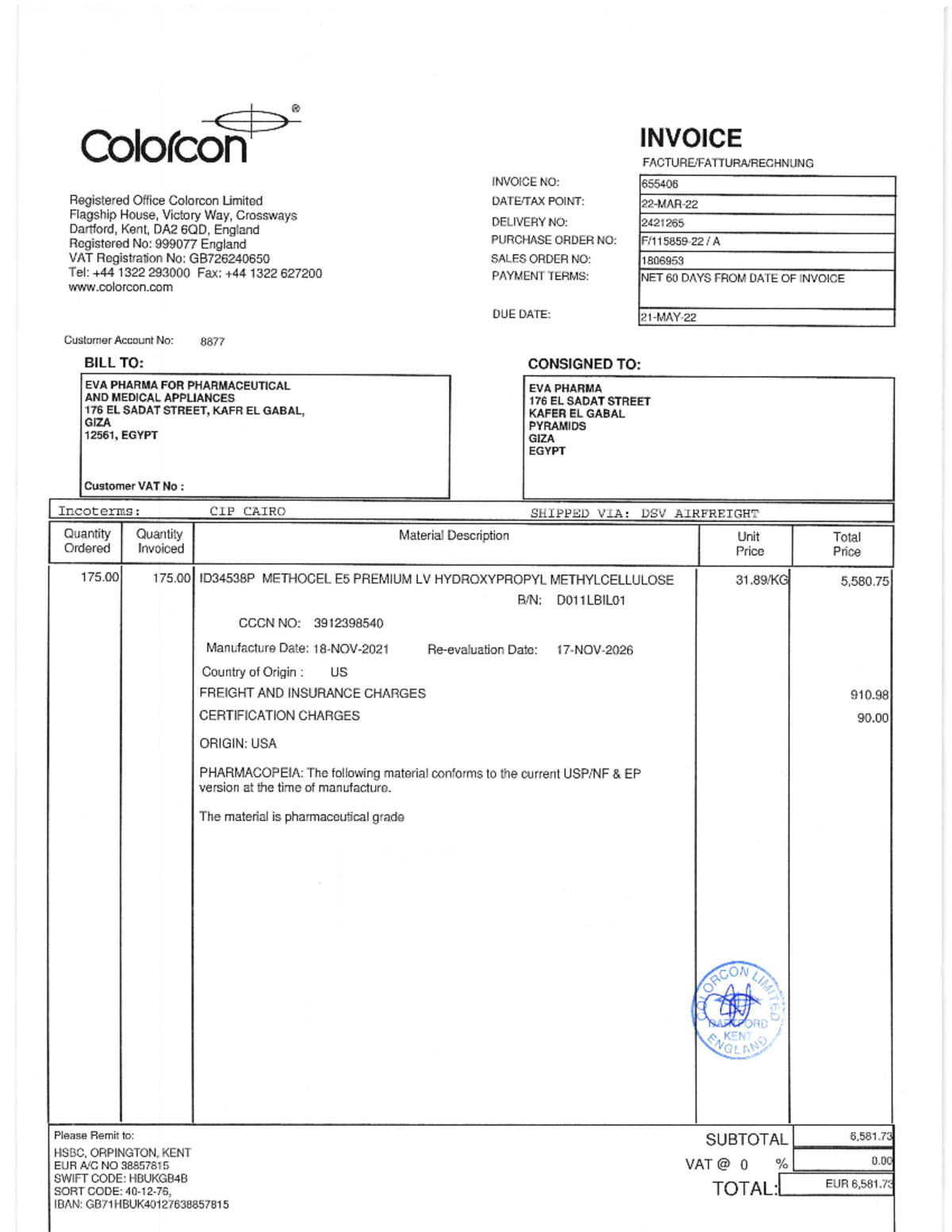 Pharma Case Study: Colorcon Amount Analysis of 6581.73 EUR - Document Preview
