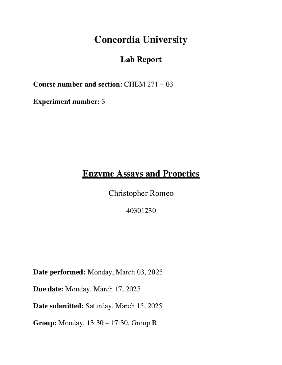 Lab Report - CHEM 271 03: Enzyme Assays and Properties - Studocu