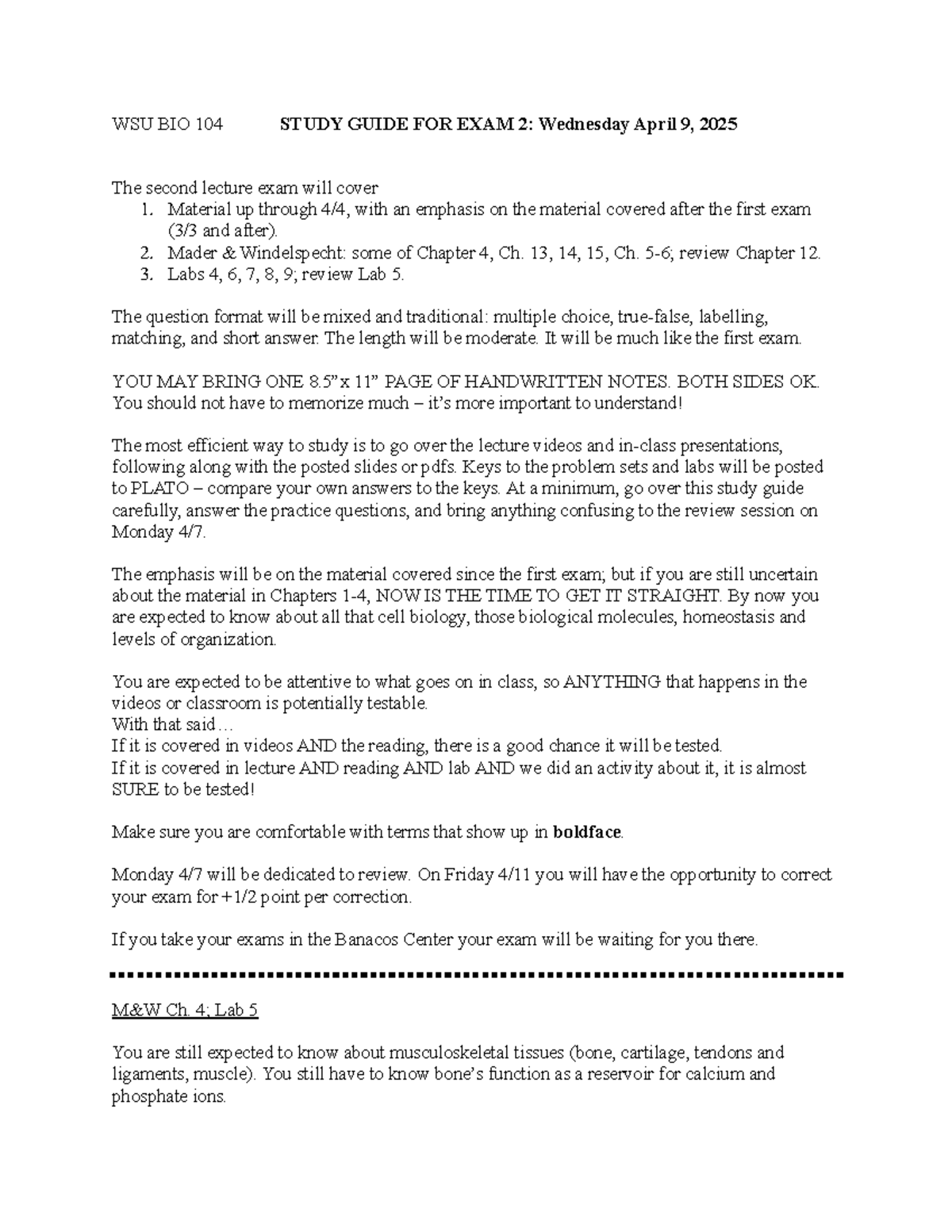 WSU BIO 104 STUDY GUIDE FOR EXAM 2: Key Concepts and Review Strategies ...