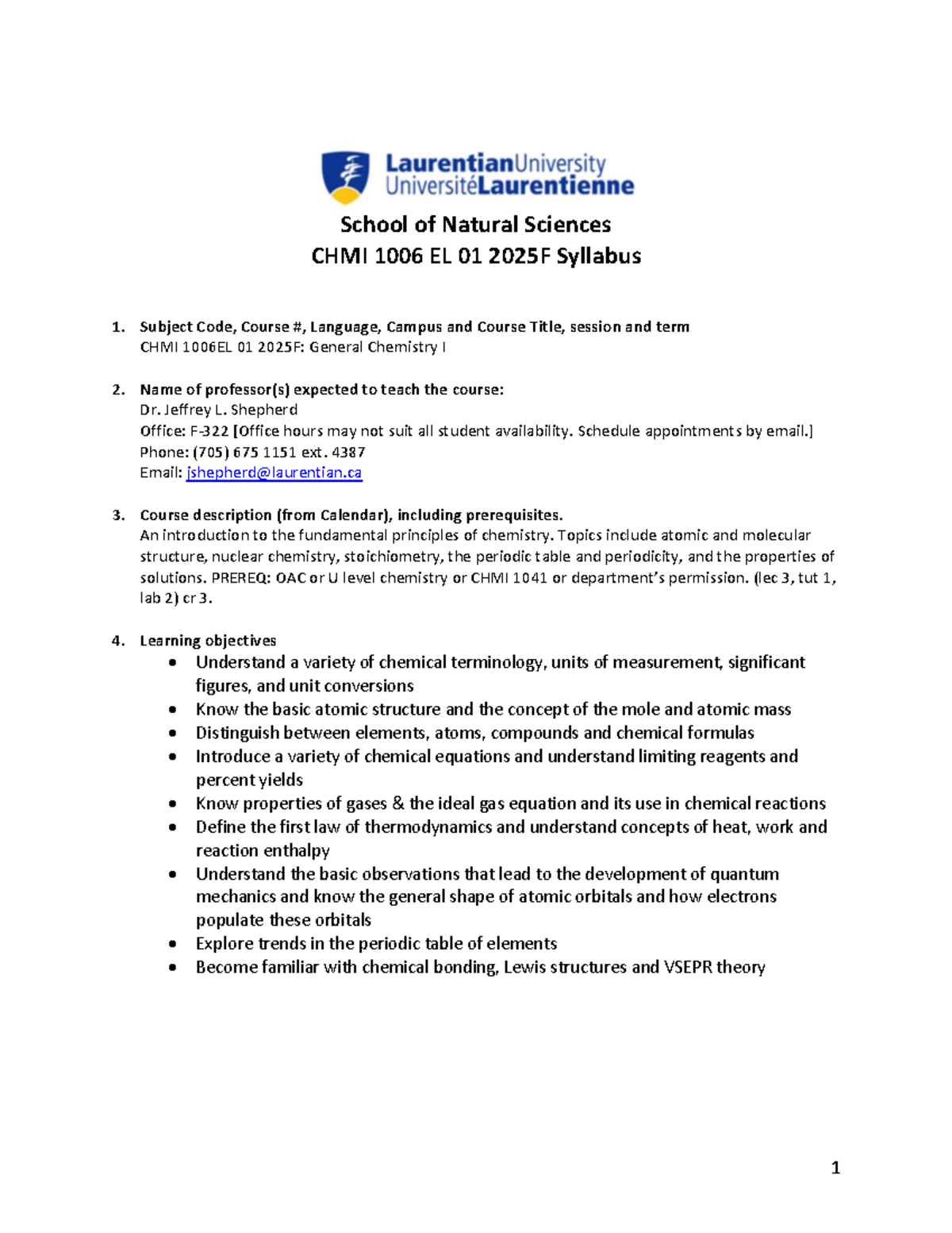 CHMI 1006 EL 01 2025F General Chemistry I Syllabus - Studocu
