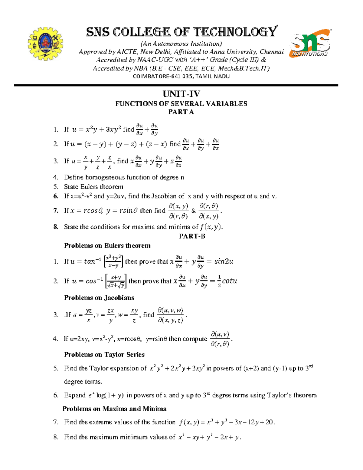 Matrices and Calculus (QB) - IAE 3: Functions of Several Variables ...