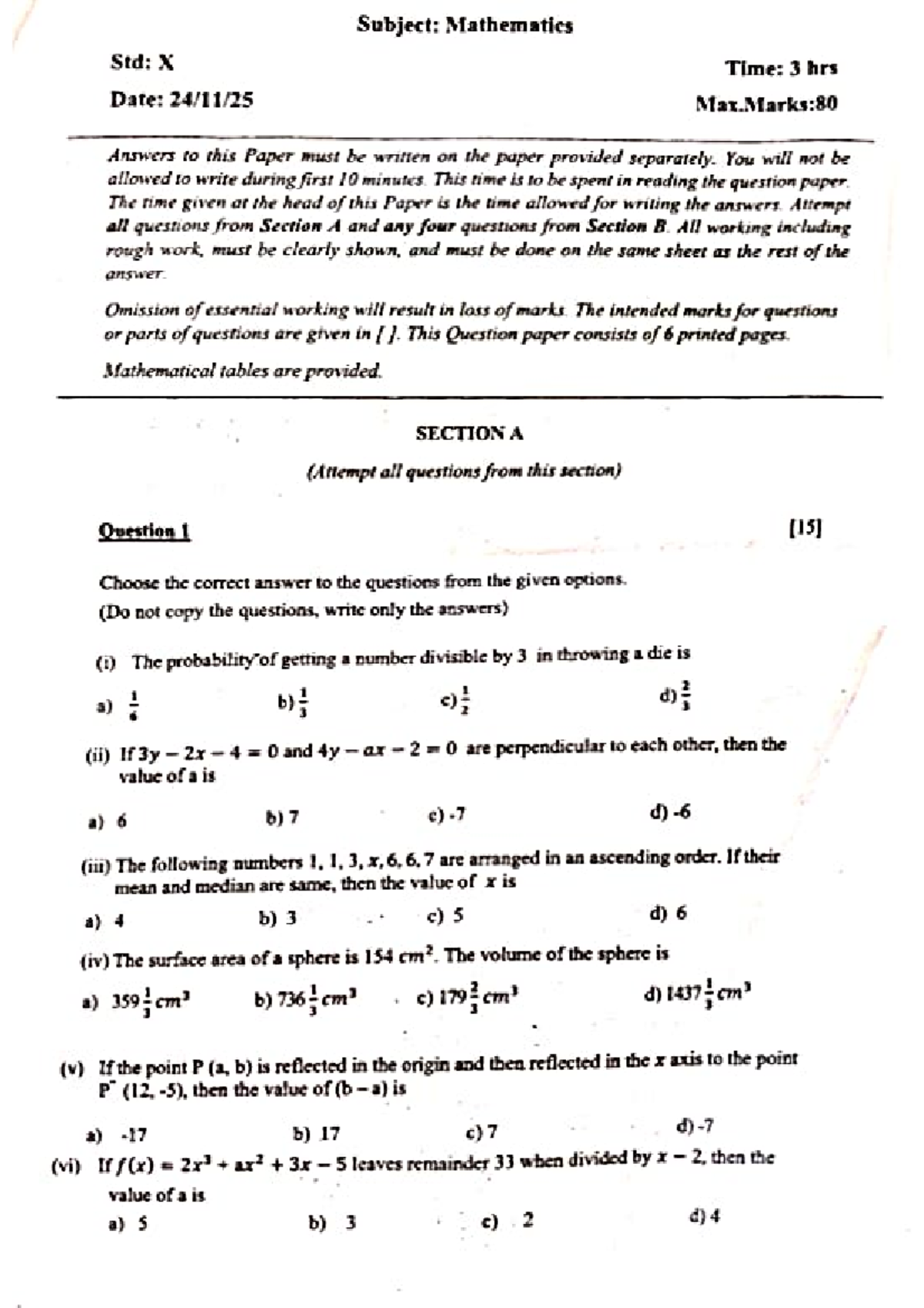 Mathematics Std X: Comprehensive Question Paper (3 hrs, 80 Marks) - Studocu