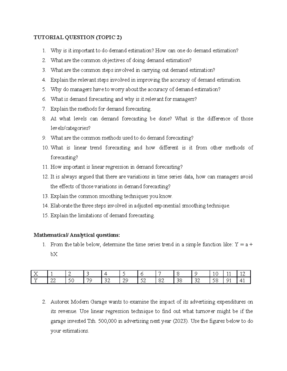 Demand Estimation & Forecasting Tutorial Questions (Topic 2) - Studocu