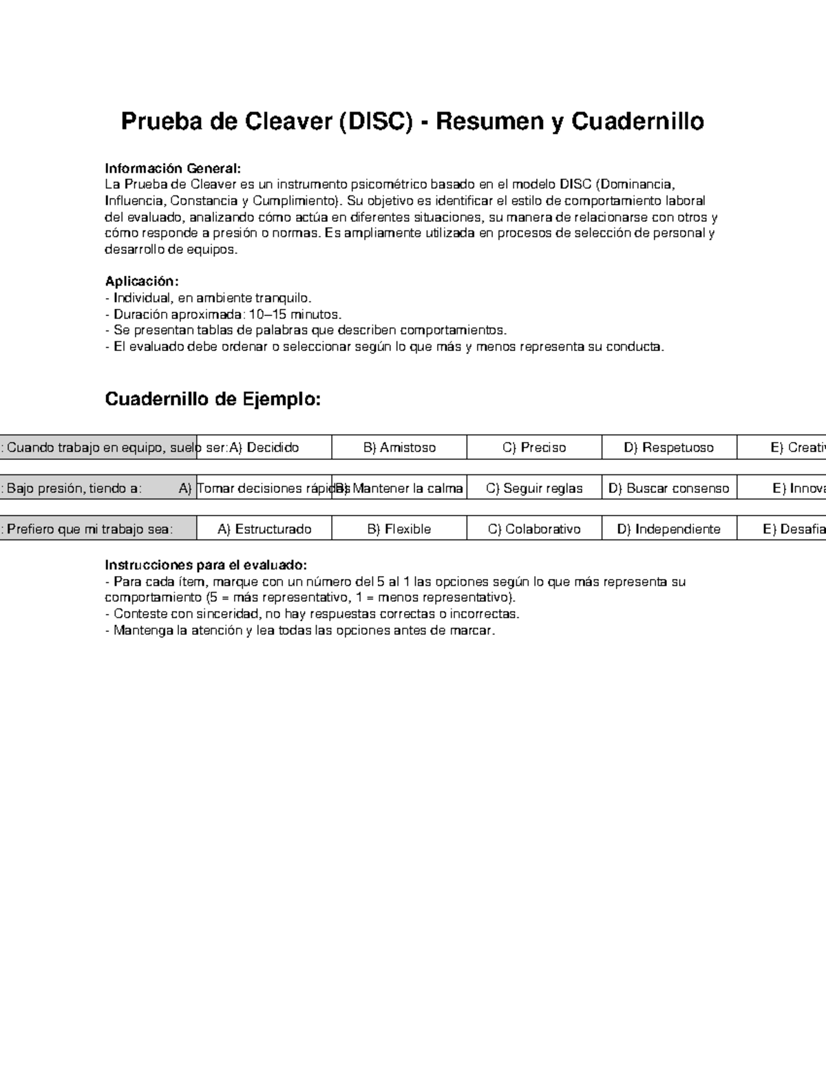 Prueba Cleaver (DISC) Resumen y Cuadernillo Corregido - Studocu